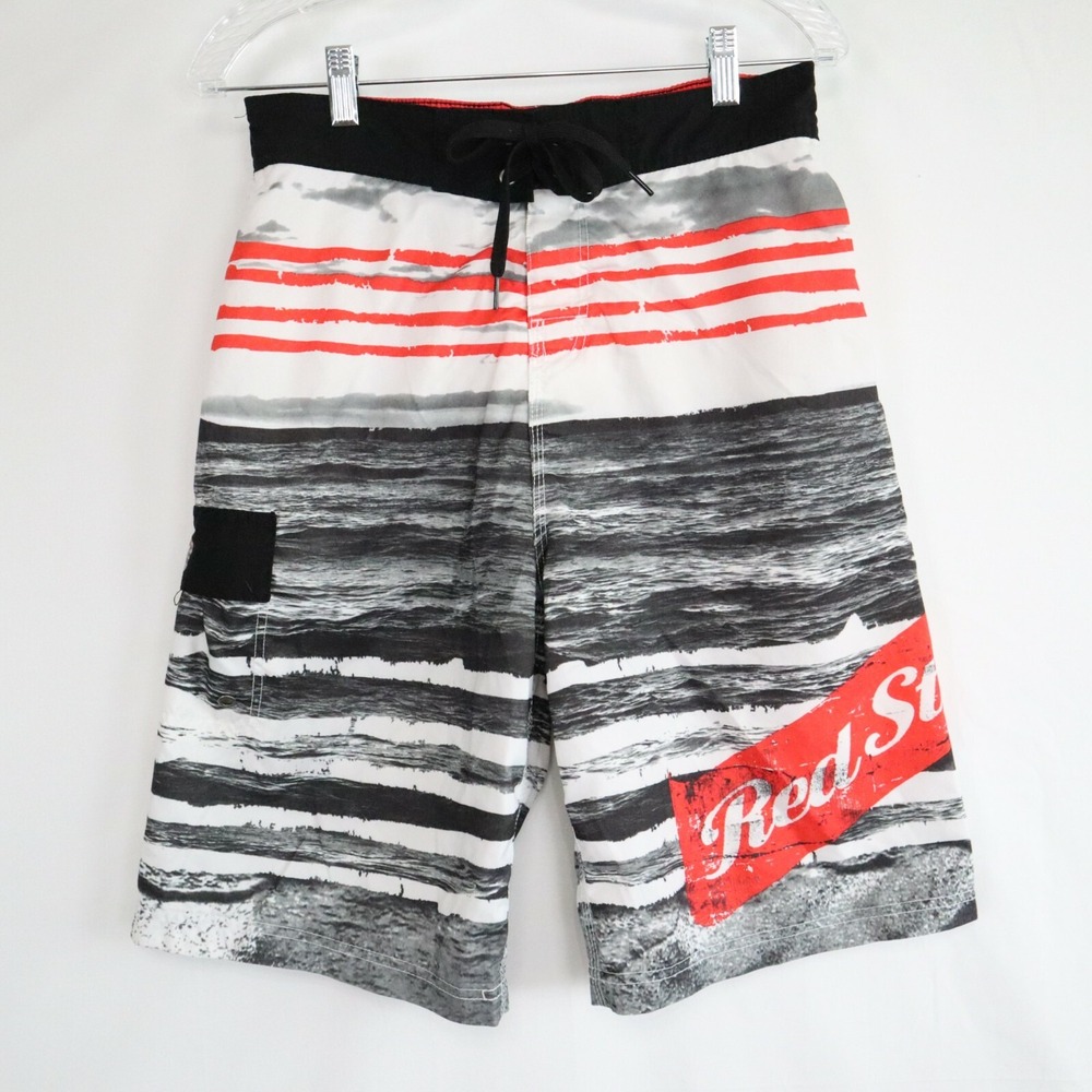 Red Stripe Board Shorts Mens Medium Elastic Waist Mesh Lined Swim Trunks Beer